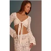 Cream Flower Embroidered Long Sleeve Tie Front Beach Top, Cream