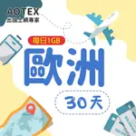 【AOTEX】30天歐洲上網卡每日1GB高速流量SIM卡英國法國德國義大利葡萄牙西班牙瑞典瑞士希臘捷克