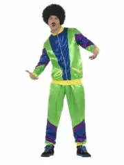 Mens 80s Blue Green Retro Scouser Tracksuit Shell Suit Costume Fancy Dress 1980s