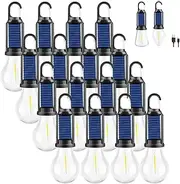 Solar Rechargeable Hooked Camping Light, Solar Lightbulbs for Outside with 3 Modes, Portable Camp Bulbs Waterproof LED Tent Lights for Hiking, Fishing, USB & Solar Powered(16PC,B)