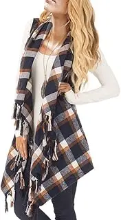 [Inorin] Womens Sleeveless Plaid Asymetric Hem Tassel Drape Open Front Cardigan Vest