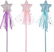 Glitter Star Wands 3Pcs 11 Inches Princess Angel Fairy Star Magic Wands Girls Fairy Magic Dress-up Star Wand Angel Fairy Costume Props Wands Sticks for Birthday Halloween Christmas Party Supplies
