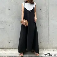 在飛比找momo購物網優惠-【ACheter】2021韓國新品純色時尚棉麻吊帶背心長洋裝