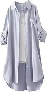 [Generic] Women Plus Size Loose Breathable Blouses Midi Shirt Korean Casual Shirts Solid Female Long Sleeved Shirts