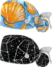 [YTYVAGT] 2-Pc,Nurse Scrub Caps,Scrub Hats with Buttons and Cotton Sweatband,Conch Shell Starfish Ocean