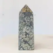 138g Natural Chalcopyrite flower &Agate quartz crystal Obelisk Mineral Gem B441
