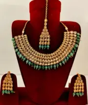 Emerald Polki LCT Bib Statement Necklace Earrings Set Indian Wedding Jewelry