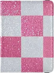 [Amooorous] Fake Glitter Checkerboard Squares White Pink Leather decorative waterproof passport holder Vaccine Card Holder Cover Combo Passport Wallet Ultra Slim, Fake Glitter checkerboard squares white pink, 1