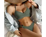 2Pcs/Set Women Bikini Solid Color Halter Two-piece Simple Off Shoulder Swimwear for Beach-Army Green