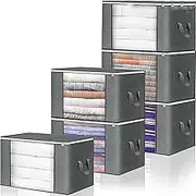 Storage Bags 90L Large Clothes Storage Bags Set of 6 Foldable Storage Organizers for Blankets, Quilts, Bedding and Clothes Storage Containers with Sturdy Zippers and Handles Grey
