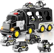 TEMI Police Truck Toys for Toddler 3 4 5 6 Years Old Boys - 5-in-1 Friction Power Emergency Vehicle, Police Car Toy for Toddlers 1-3, Carrier Truck Toys for Kids 3-5, for Girl Age 3-9