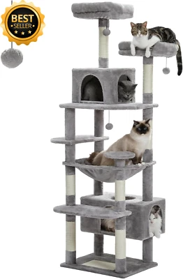 Cat Tree 184cm | Hammock, Dual Condos, 2 Perches, Sisal Posts (Grey)