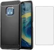 [Asuwish] Phone Case for Nokia XR20 5G with Tempered Glass Screen Protector Cover and Cell Accessories Slim Soft TPU Rubber Protective Silicone NokiaXR20 XR 20 RX20 G5 Women Men Carbon Fiber Black