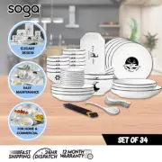 SOGA White Antler Printed Ceramic Dinnerware Crockery Round Bowl Plate Set of 34