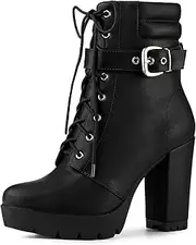 [Allegra K] Women's Platform Buckle Lace Up Block Heel Ankle Boot