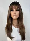 Brown Blonde Swirl Wig with Bangs, Human Hair Blend No Lace Full Basic Style