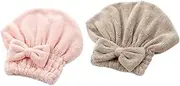 FOYTOKI 2pcs Coral Fleece Hair Drying Caps with Bowknot Design Water Absorbent Shower Turbans for Quick Drying Hair Soft and Lightweight Pink and Coffee