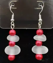 White Sea Glass & Red Faux Pearl Earrings by Neanie-Bot