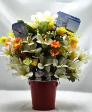 Well Done Floral Gift w/Cute Elephant Accents - Yellow/White Flowers in Red Tin