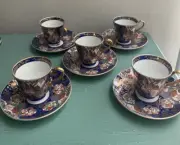 New Set Of 5 Yamashita Kogei Crafts Coffee Cups Saucers Hand Painted Gild Japan