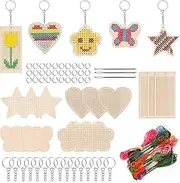 Swpeet 78Pcs 5 Shapes Wooden Cross Stitch with Keychain, Jump Ring, Thread and Needles Assortment Kit, Wood Sewing Kit for Beginners, Crafts Needle Embroidery Kit for DIY Hanging Decor Gift