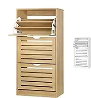 ALFORDSON 3-Tier Shoe Cabinet Rack with Flip-up Slatted Doors, Free Stranding Footwear Storage Chest with Adjustable Shelves, Footgear Organiser 60 x 29.5 x 121.5 cm, Wood