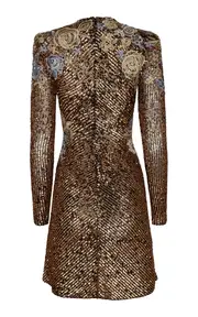 [Naeem Khan] Stretch-Sequin Floral-Appliquéd Mini Dress