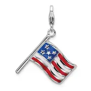 Sterling Silver Amore La Vita Rhodium-Plated Polished Reversible Enameled American Flag Charm With Fancy Lobster Clasp