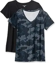[Amazon Essentials] Women's Tech Stretch Short-Sleeve V-Neck T-Shirt (Available in Plus Size), Black/Grey Camo, Medium