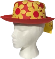 RED CLOWN DAISY DERBY HAT Costume Cap Funny Adult Bowler Yellow Flowers Mime NEW