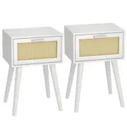 Table, Nightstand Set of 2 - Small End Table with Rattan Door, 2Pack White