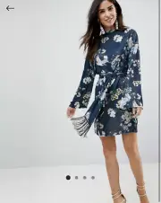 ASOS Kimono Sleeve Bird Print Slinky Mini Dress Fringe Waist Belt Tie 70s