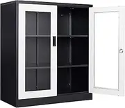 Yizosh Metal Storage Cabinet with Glass Doors - 35.4" Locking Display Cabinet with 2 Adjustable Shelves, 3-Tier Steel Cabinet Locker for Home Office, Living Room, Bedroom