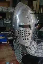 Medieval Knights Barbuta Helmet Bassinet 16 Gauge Templar With Chainmail
