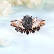 Black Rutilated Quartz Engagement Ring Set Oval Shaped Rose Gold Ring Black