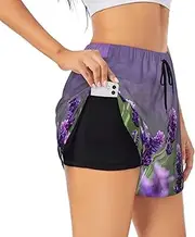 [GaxfjRu] Purple Lavender Colored Flowers Print Women's Running Shorts High Waisted Running Shorts Pocket Sporty Gym Elastic Short