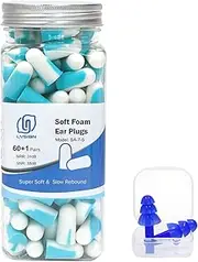 Lysian Soft Foam Earplugs 60 Pairs, 38dB SNR Comfortable Ear Plugs for Sleeping, Snoring, Shooting, Mowing, and All Loud Noise by , Light Blue/White