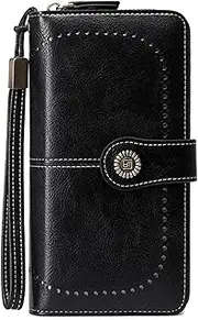 [Ogetok] Womens Wallet Bifold RFID Blocking, Large Capacity Leather Credit Card Holder for Ladies, Travel Woman Long Wristlet Clutch Purse with 25 Card Slots & Zipper Coin Pocket, Black