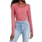Socialite Women's Lace Trim Scoop Neck Long Sleeve Ribbed Crop Top Mauve Large