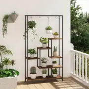 Costway6-tier Tall Plant Stand with 10 Hanging Hooks and Wire Shelf for Multiple Plants-Brown