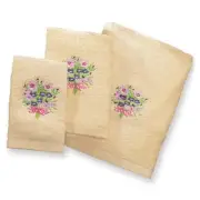 3 PC Embroidered Bouquet Of Flowers Bath Hand Towels & Washcloth MACH WASH NEW