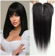 Hair Topper with Bangs 3 Clip in Human Hair Toppers Natural Black Seamless Hairpiece 14" Silk Base Remy Hair Topper for Thicking Hair