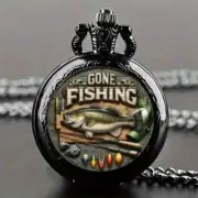 Vintage Style Gone Fishing Pocket Watch, Quartz Movement For Outdoor Enthusiast
