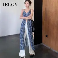 在飛比找蝦皮商城優惠-Ielgy 碎花v領露背上衣女甜辣藍氣質開衩長裙