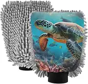 XYMZR Sea Turtle Fish Light Absorbent Microfiber Car Wash Mitt, Funny Cute Anime Scratch Free for Cars Cleaning, Home Cleaning Mitts, 2 Pack, 10.24” L x 7.09” W
