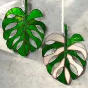 NEW 2 Pcs Monstera Deliciosa Leaf Sun-catcher Stained Glass Tropical Home-Office