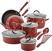 Rachael Ray Cucina Hard Porcelain Enamel Nonstick Cookware Set, 12-Piece, Cranberry Red