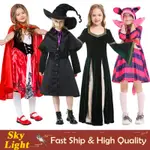 女孩萬聖節角色扮演服裝中世紀綠色連衣裙粉色可愛貓咪黑暗女巫小騎頭罩衣服套裝兒童女孩