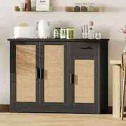 Irontar Kitchen Storage Cabinet, Sideboard Buffet Cabinet with Rattan Decorated Doors, Farmhouse Console Table with Drawer, Coffee Bar, Accent Table for Living Room, Black and Natural CWG010BM