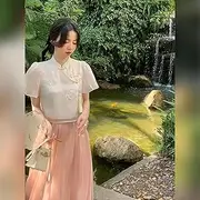 [JIMINISO] Chinese Traditional Clothing for Women Modern Cheongsam Temperament Short Sleeve Top Pink Skirt Tang Suit Sets